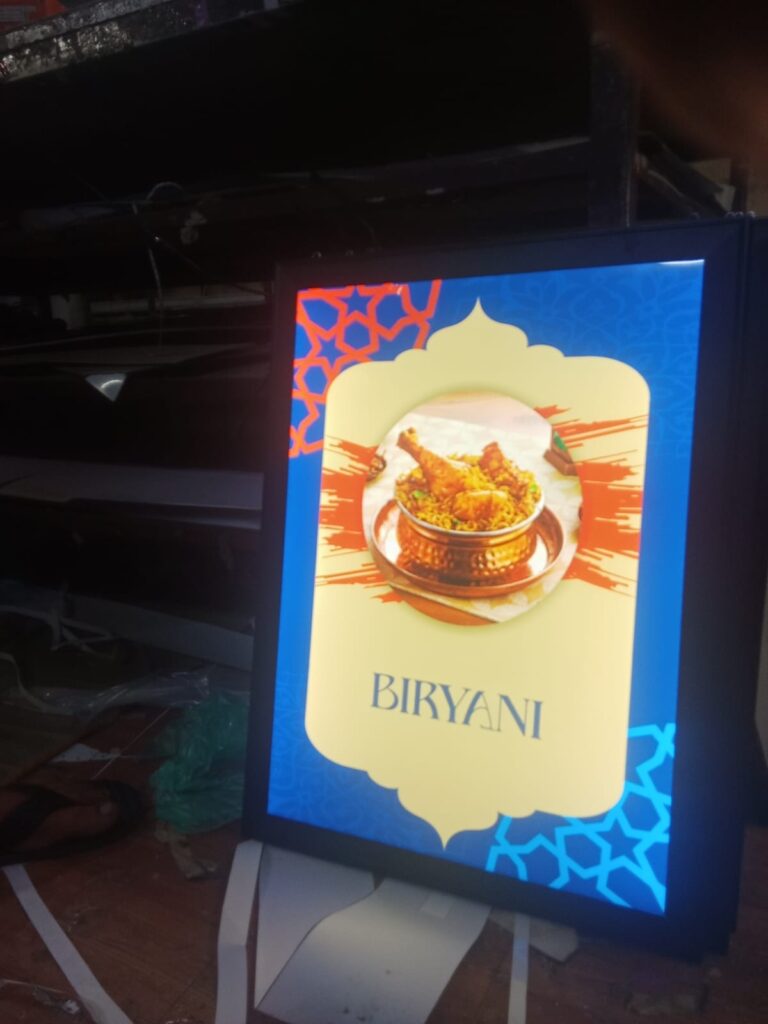 Backlit menu display box for biryani restaurant Mumbai by Arrow Advertising